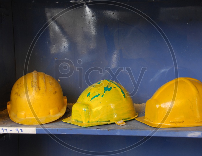 Safety helmets in a rack