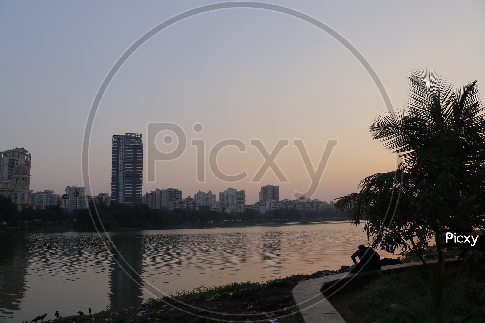 Buildings of Mumbai with lake in the foreground