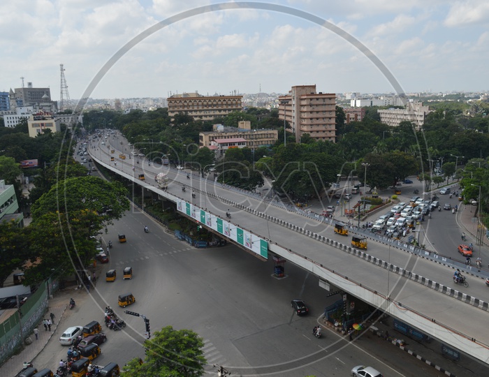 Aerial View Of a Road With Vehicles On Flyover  Road in Hyderabad City
