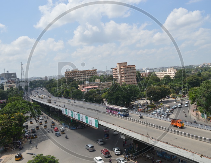 Aerial View Of a Road With Vehicles On Flyover  Road in Hyderabad City