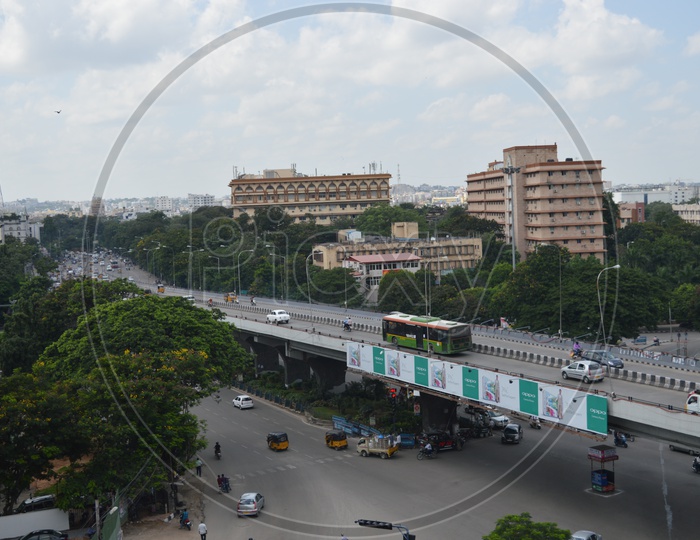 Aerial View Of Telangana State Secretariat and Telugu Thalli Flyover Bridge.