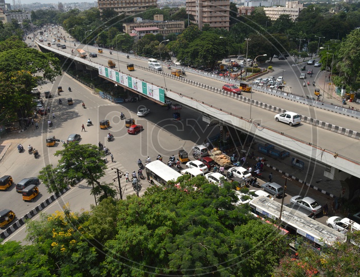 Aerial view of the flyover and a road junction