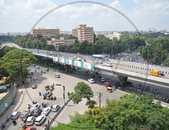 Top view of roads with traffic at Secretariat Road