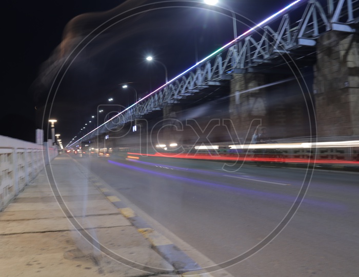 Prakasam Barrage in the night with lights
