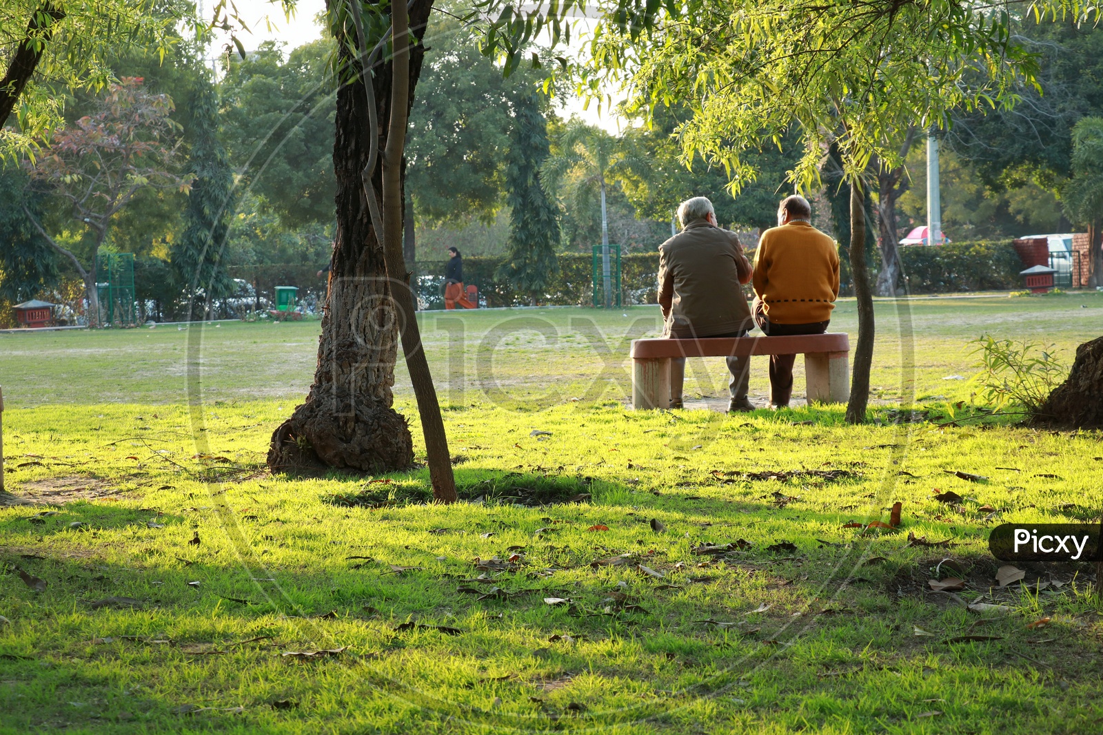 Two Old men sitting on a bench in town park