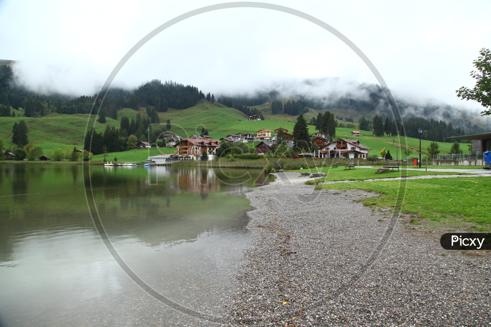 Swiss houses near a lake