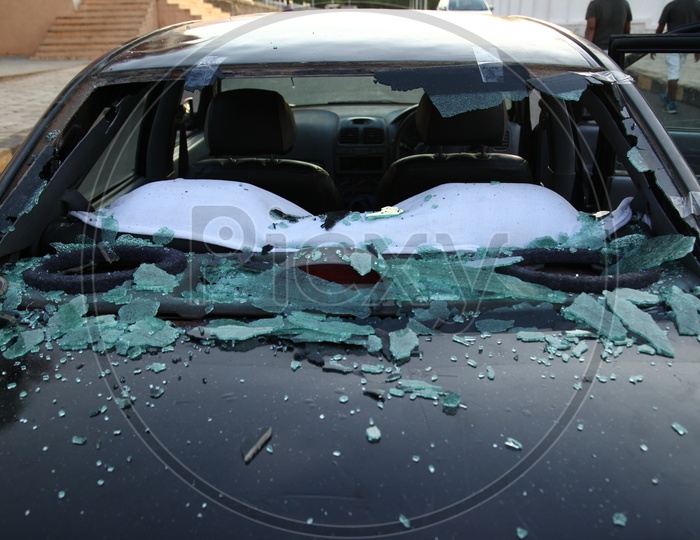 Broken windshield glass of the car