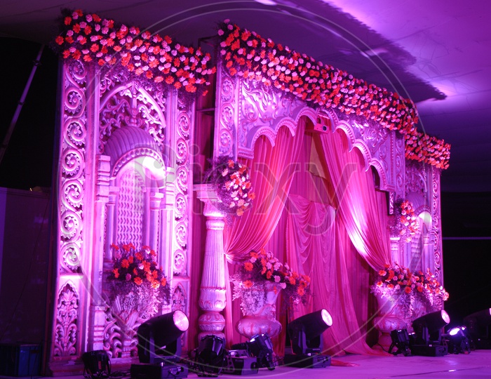 Floral Decoration and focus lights of a Wedding Stage