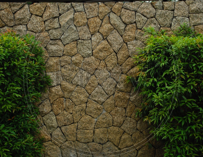 A wall built with rocks and small trees in front of it