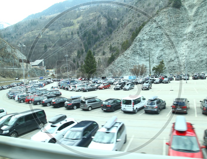Cars parked at the Swiss alps