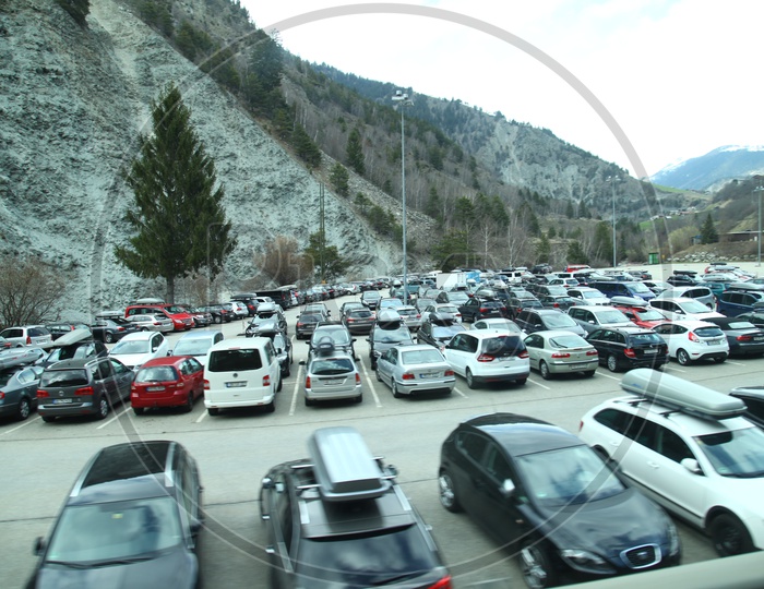 Cars parked at Swiss alps
