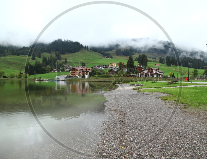 Swiss houses near a lake