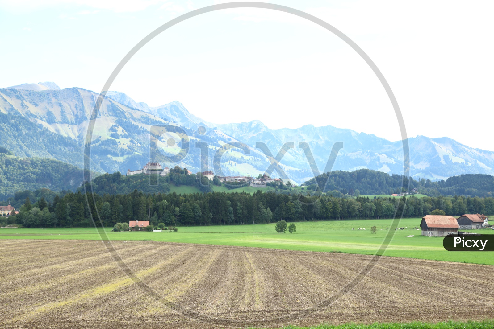 Swiss farm houses and fields