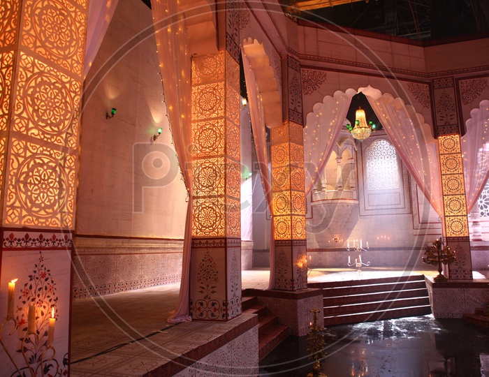Interior Design with Curtains and Design pillars