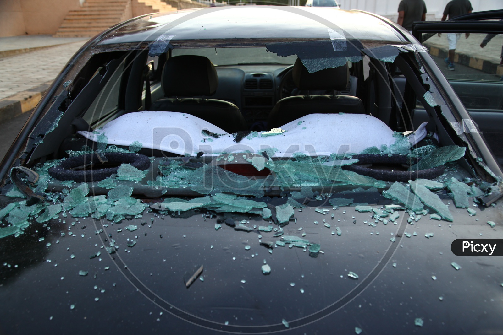 Broken windshield glass of the car