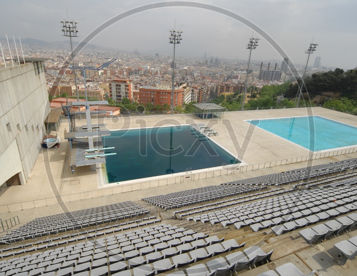 View of audience seating arrangement of the swimming pool