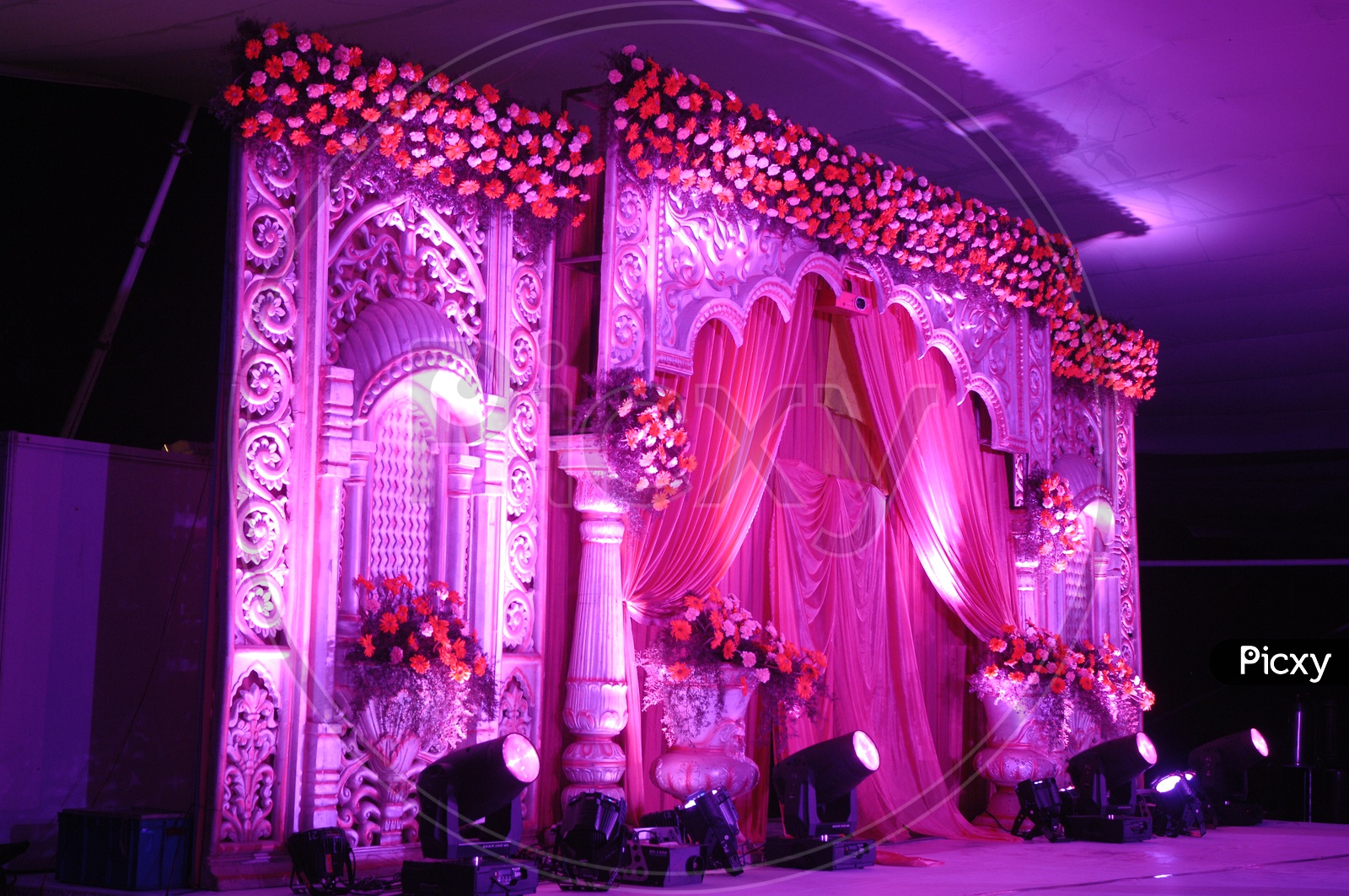 Floral Decoration and focus lights of a Wedding Stage