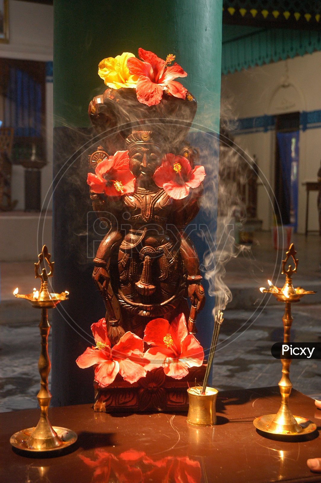 Hindu Goddess statue decorated with flowers