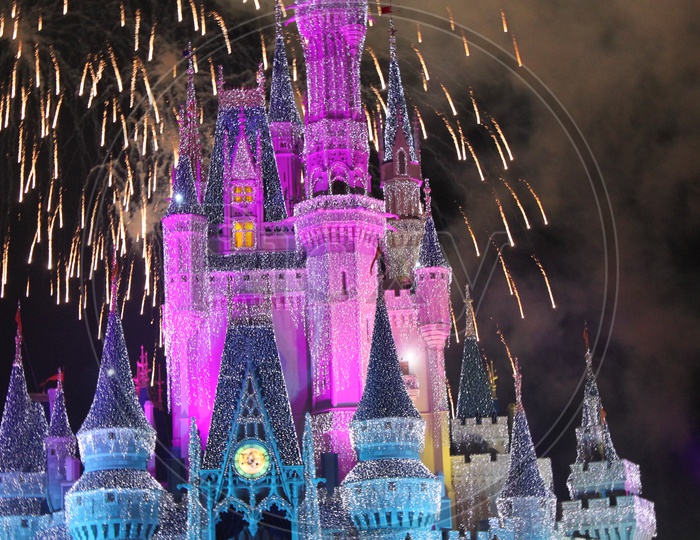 Cinderella Castle during fireworks