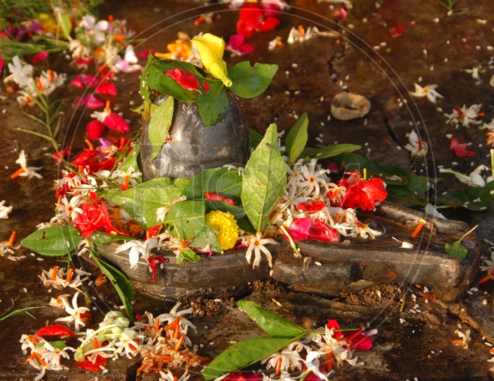 Shiva Lingam worshipped with leaves and flowers