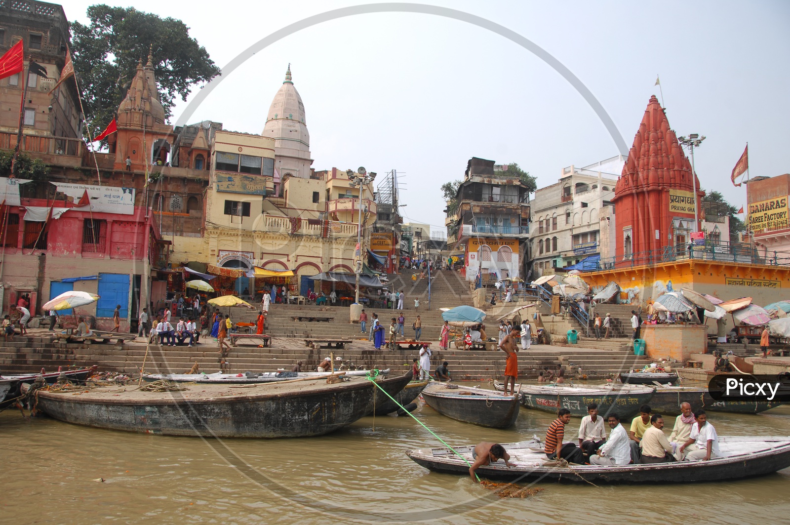 View of Varanasi Ghats - Boats and Tourists