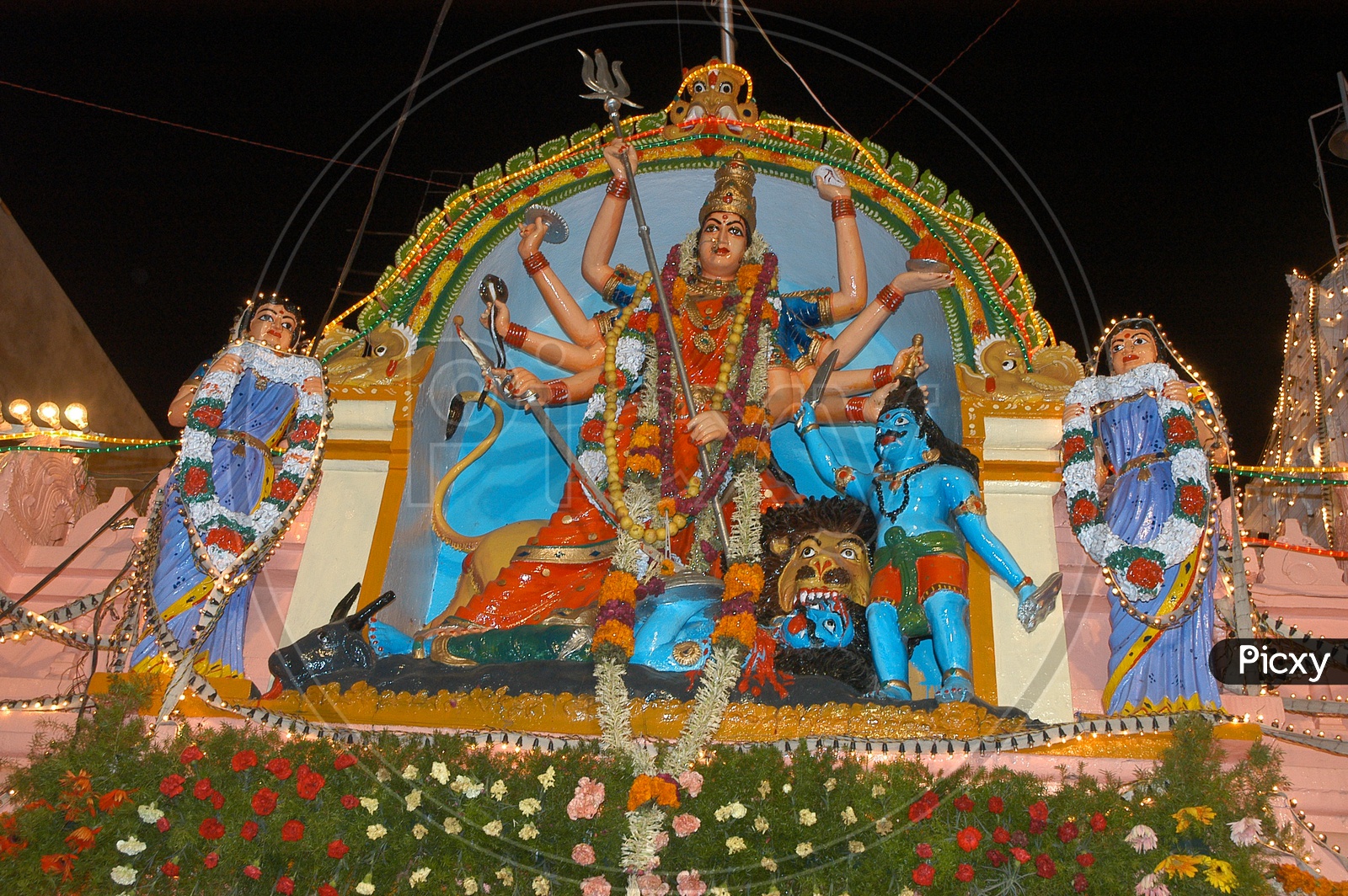 Hindu Goddess statues decorated with flowers