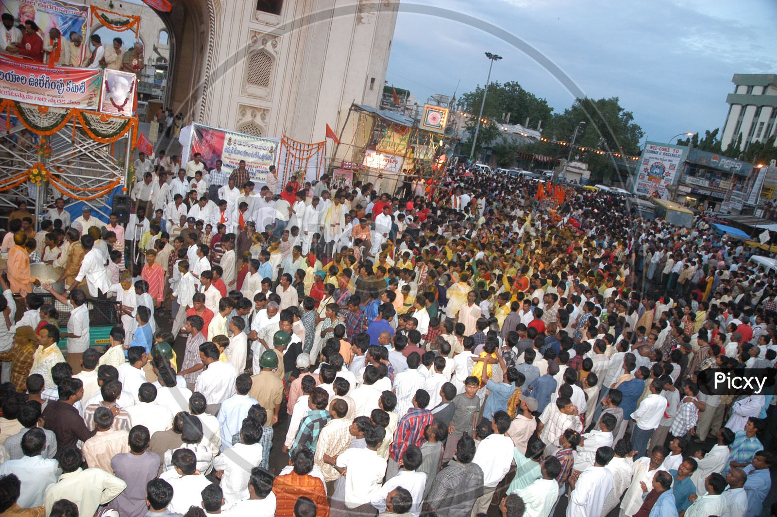 Crowd alongside the Charminar during Bonalu festival