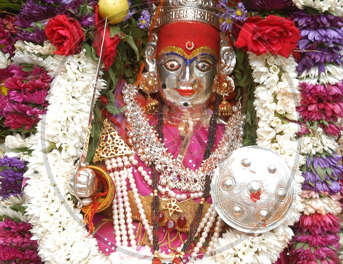Hindu Goddess statues decorated with garlands