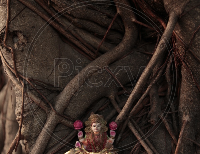 Hindu Goddess Saraswati Statue alongside a tree