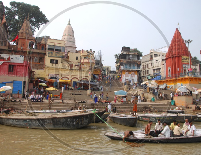 View of Varanasi Ghats - Boats and Tourists