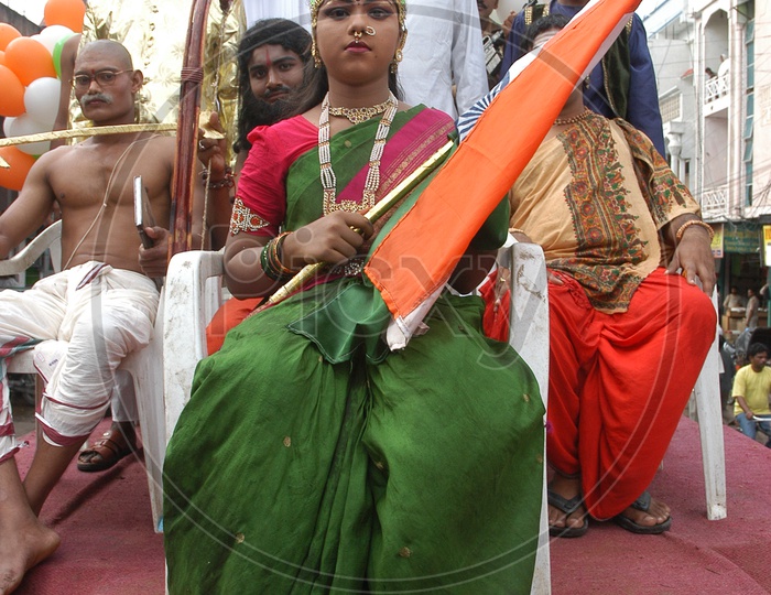 Indian Young Girl In Bharath Maata Getup