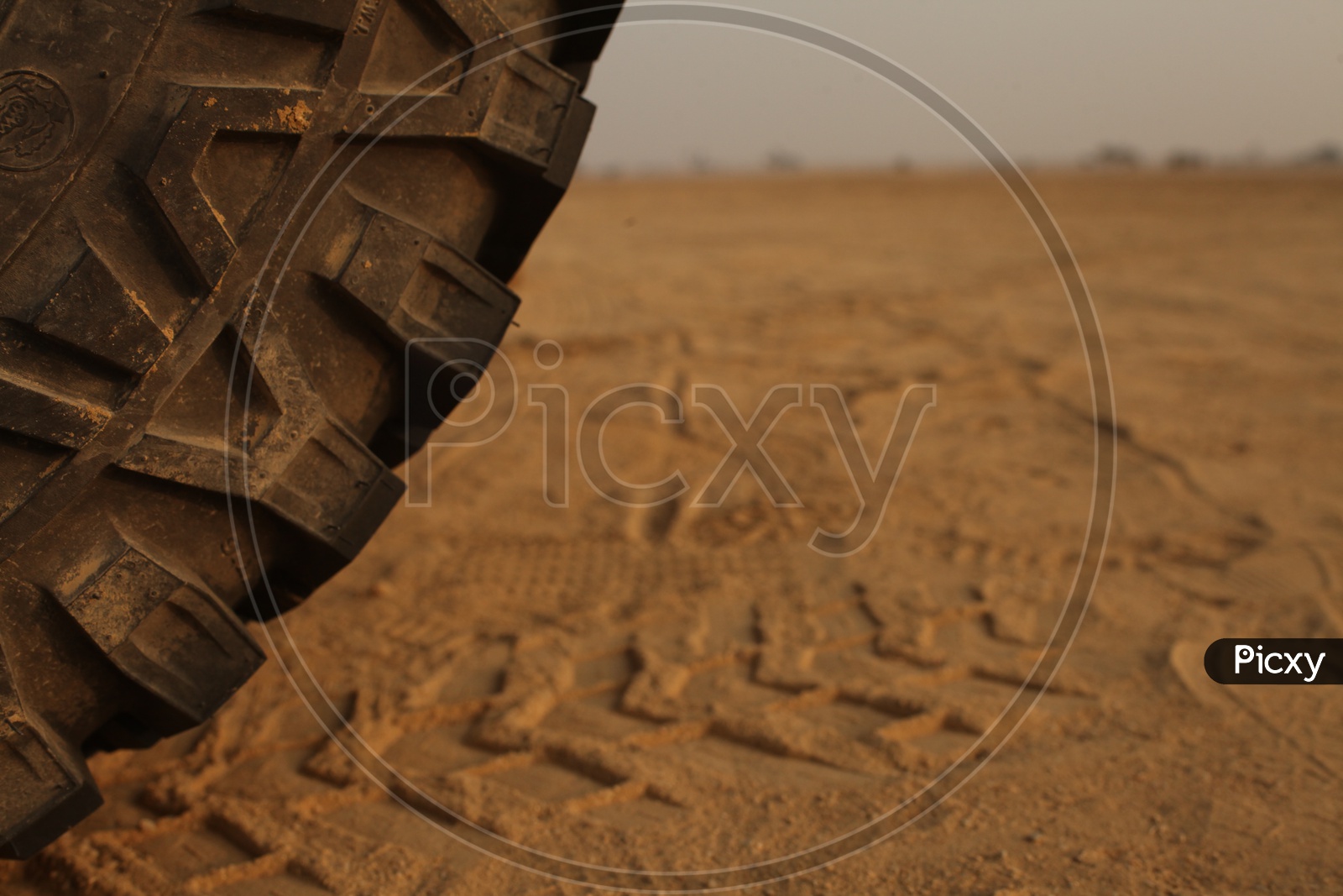 Close up shot of a Vehicle tyre marks in a  Desert