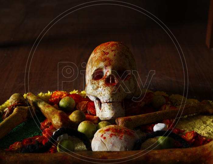 Human skull with lemons and pooja accessories