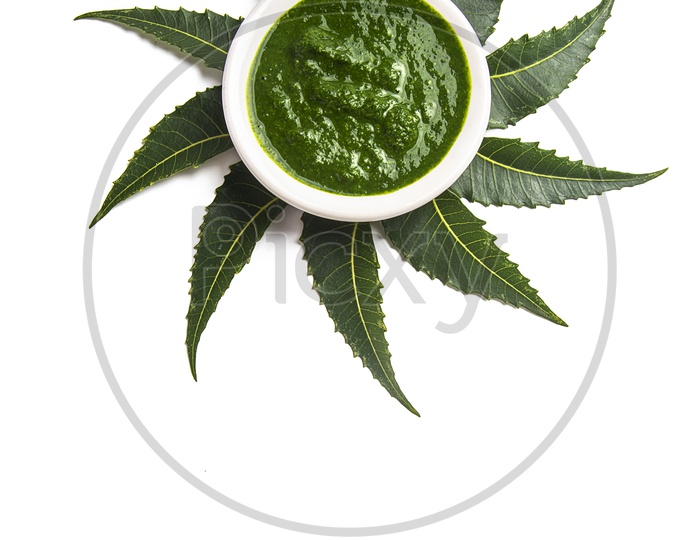 Medicinal Neem leaves with paste in bowl on white background.