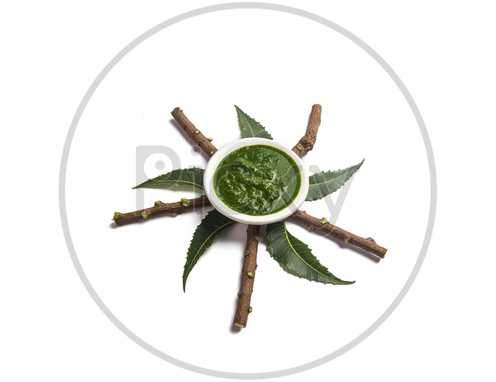 Medicinal Neem leaves with paste in bowl and twigs on white background