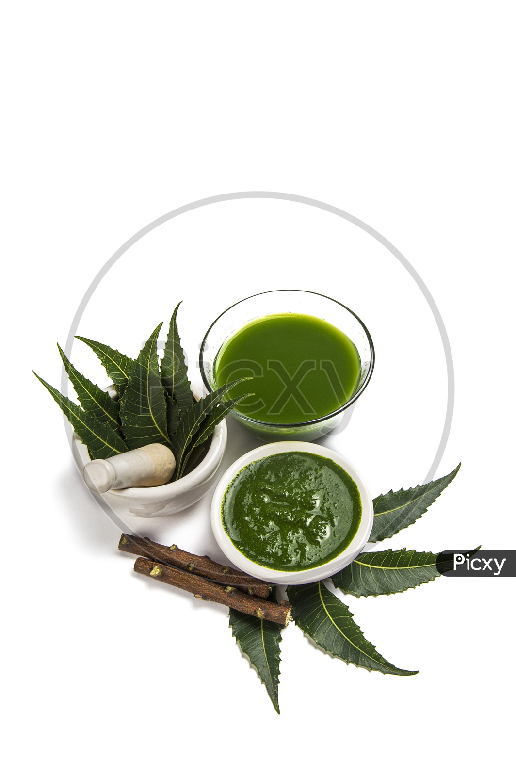 Medicinal Neem leaves in mortar and pestle with neem paste, juice and twigs on white background