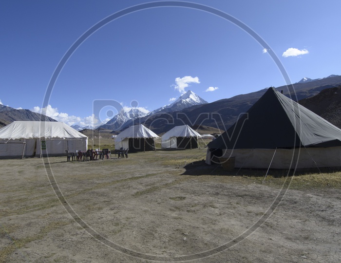 Tents Or Camps or Shelters Arranged  With Snow Capped Mountain Views For Tourists in Ladakh