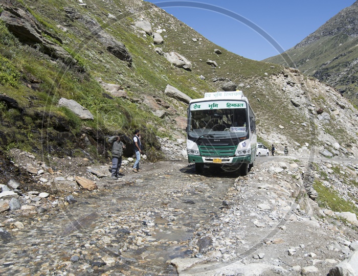 Himachal Pradesh State Road Transport Buses On the Ghat Roads Of Ladakh