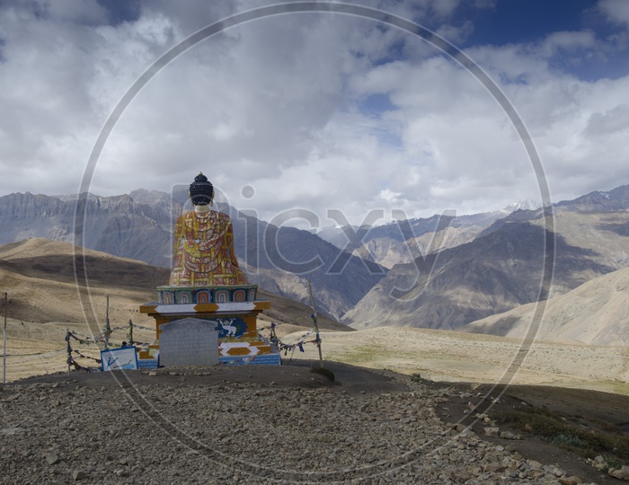 The Buddha statue overlooking the langza valley in the himachal Pradesh