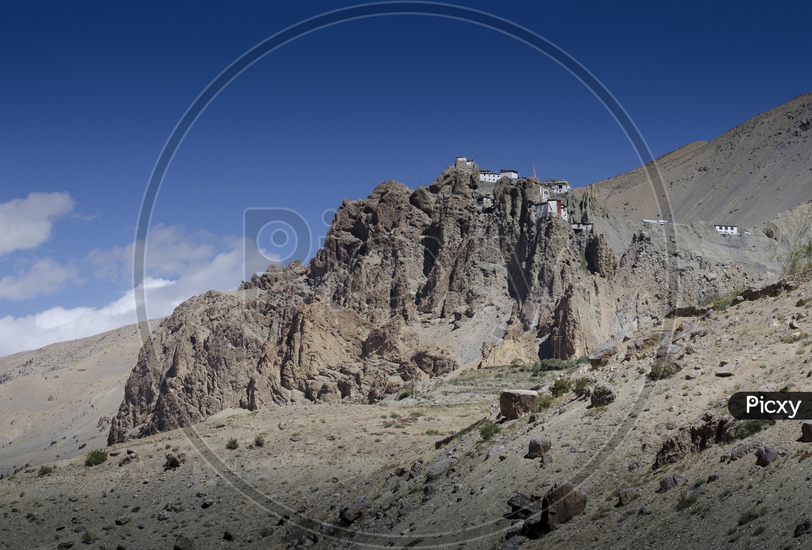 The view of Dhankar monastery over the craggy mountain