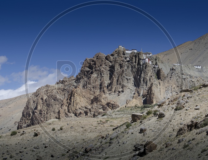 The view of Dhankar monastery over the craggy mountain