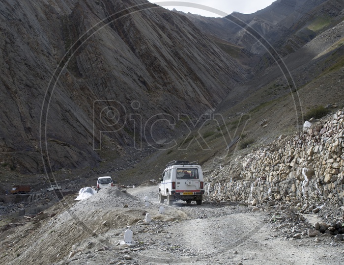 Transport Vehicles on the  Mud Roads in Ladakh