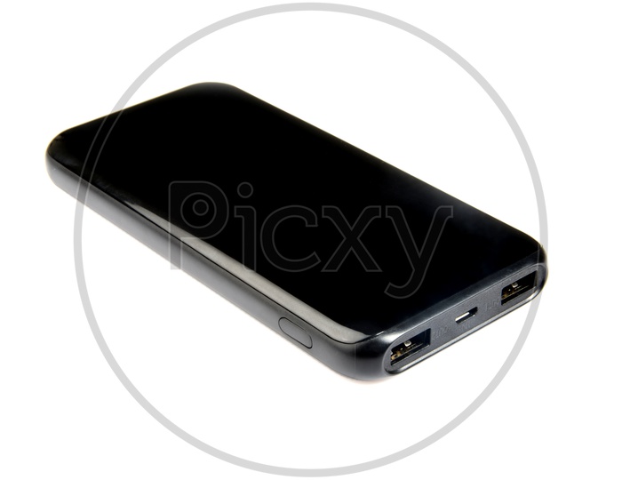 Black Power Bank for Mobile Charging on white background