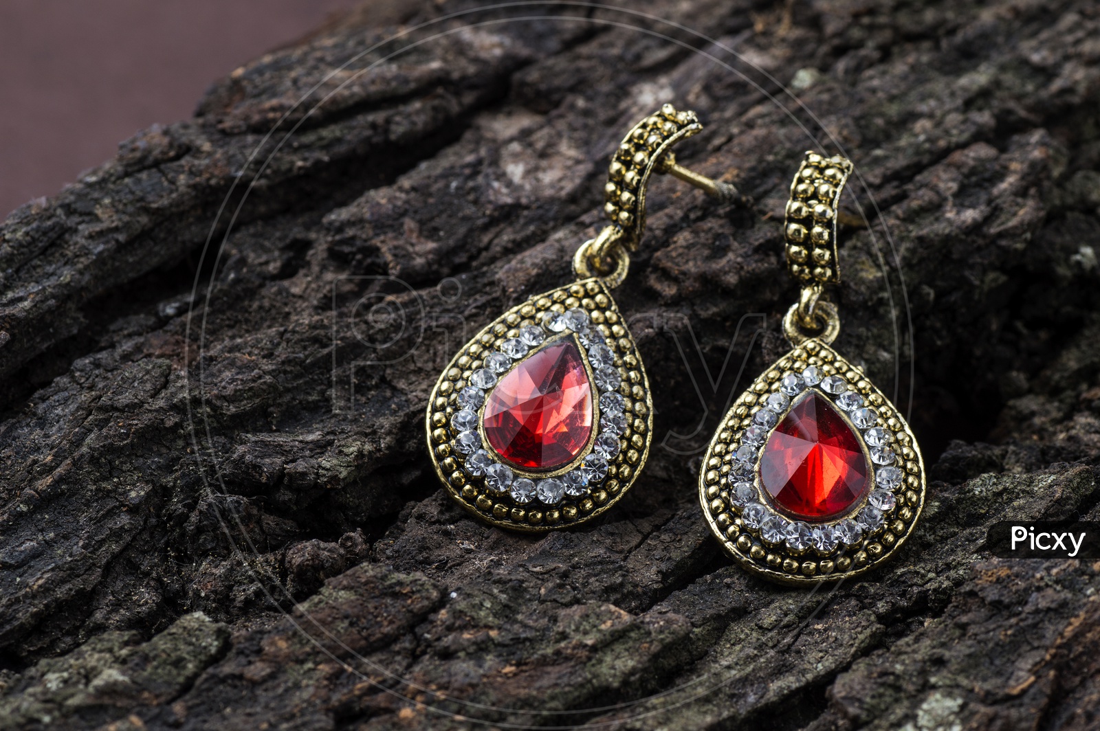 Pair of antique gold plated red stone drop Earrings