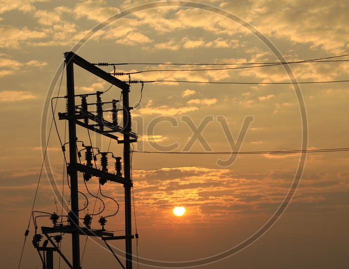 Silhouette of the electricity power line sunset