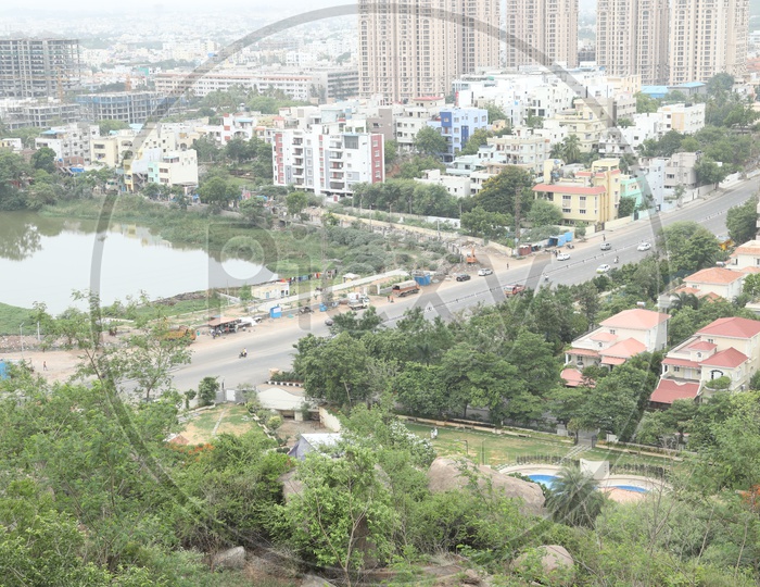 Aerial View of Hyderabad City With High rise Building and Apartments and Road