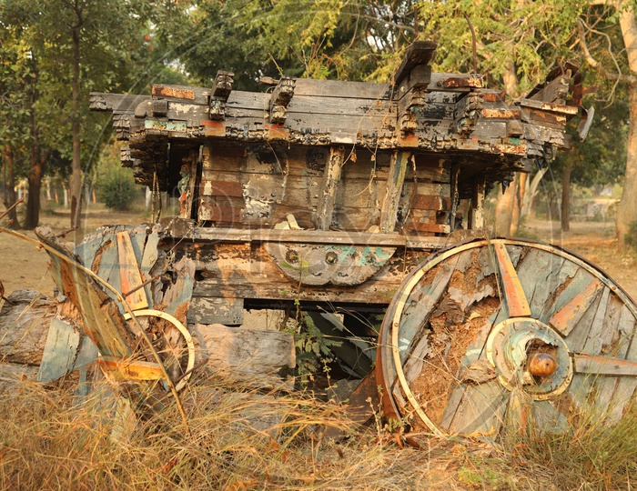 Broken old wooden temple chariot