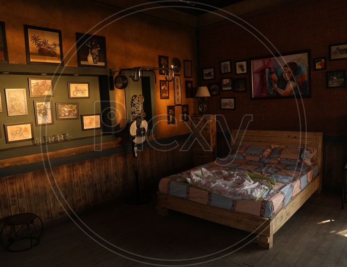 Interior Design Of A Bed Room With Gear Wheel And Motor  Bike Frames
