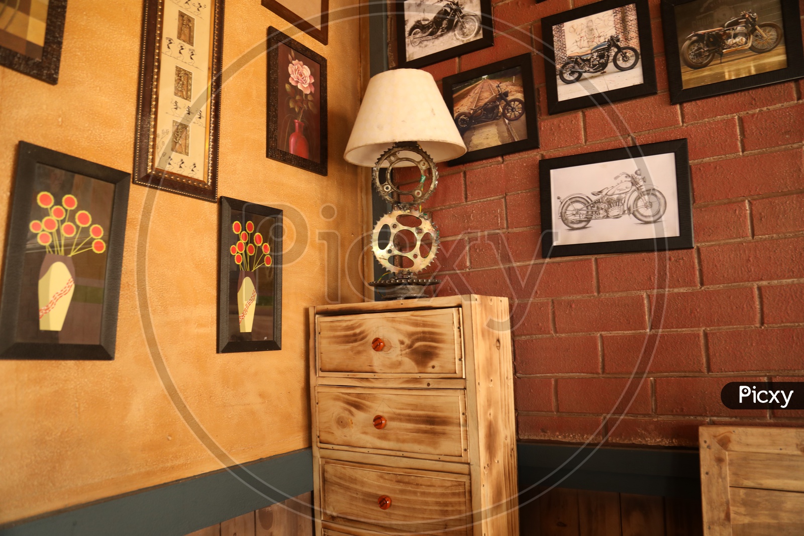 Interior Design Of a Room With Gear Wheels And Motor Bike Frames