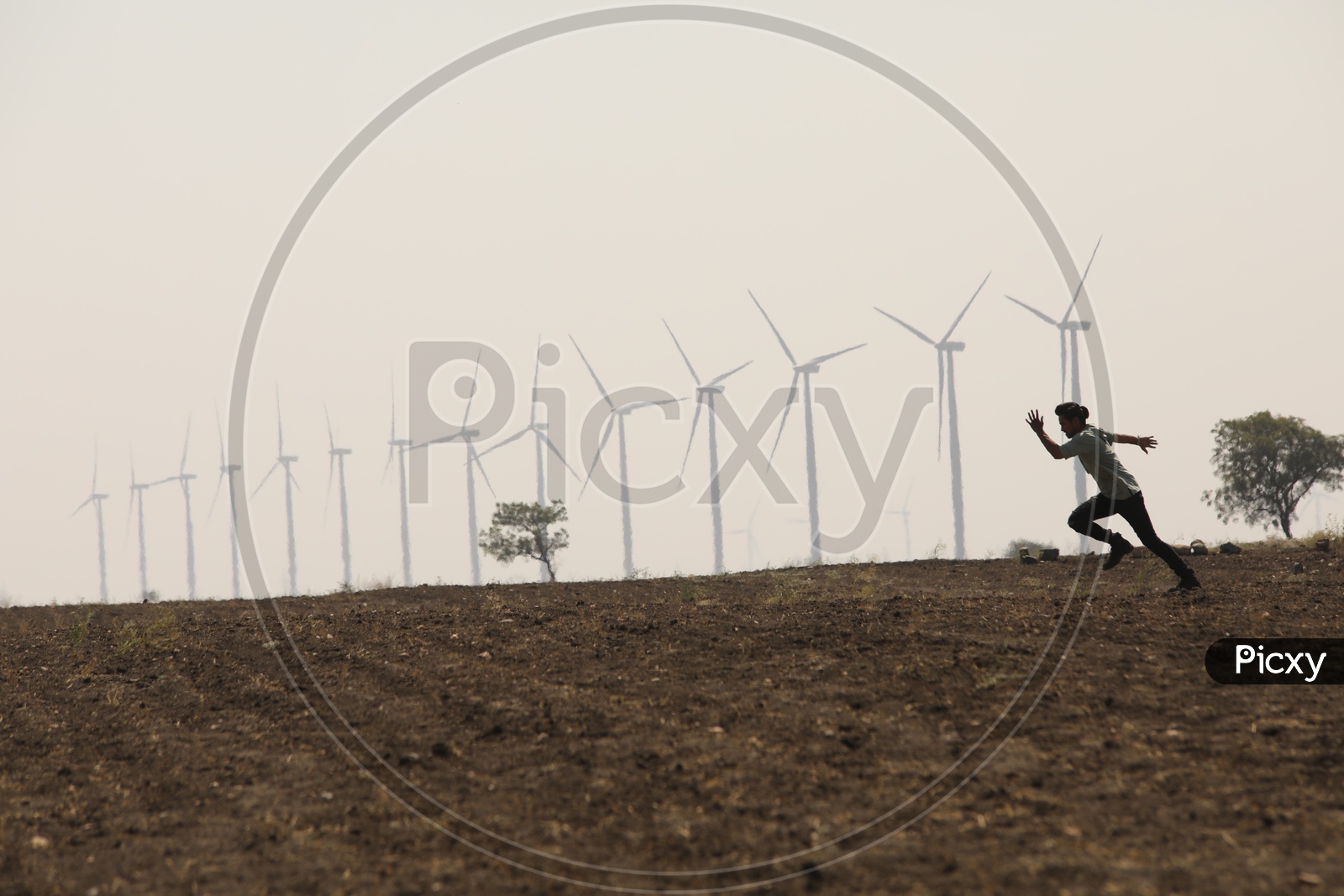 A Man on Barren Land with Wind Mills in Background
